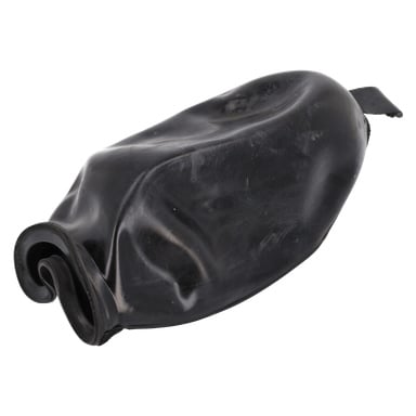 En svart membranhydroforpump med bucklig yttre, vriden öppning och synliga veck, vilande på sidan.