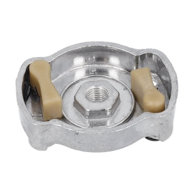 Närbild av Starterplatta F. 021332 som visar dess metalliska konstruktion, hexagonala centrala hål och två beige plastflikar på sidorna.