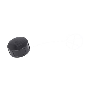 Tank Cap F. 021332" är en svart plastgängad lock med en kort plastlina fäst vid en cirkulär flik.