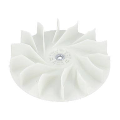 Impeller F. 021332 är en vit plastkomponent med böjda blad som omsluter ett centralt hål, sett uppifrån.