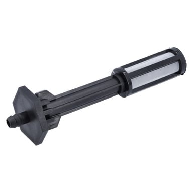 Ett cylindriskt svart plastdieselbränslefilter med nät och sexkantig ände, använt för vätskefiltrering i maskiner eller bevattning.