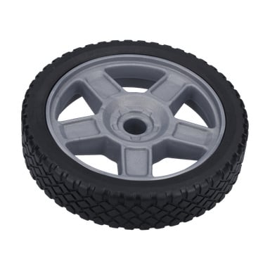 Närbild av Wheel F. 019231 med grå plastfälg, svart gummimönster, fem ekrar och ett centralt fästhål.