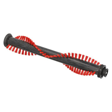 Brush-skaftsdammsugaren har en svart cylindrisk borstrulle med röda borst som spiralar runt kärnan.
