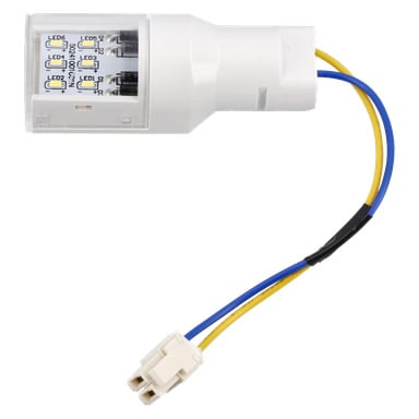 LED F. 016482 är en vit LED-lampkomponent med synliga kretsar och blå och gula ledningar kopplade till en vit kontakt.