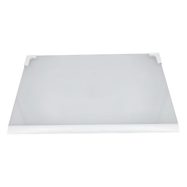 Glashyllan Large F. 016482 är en rektangulär, klar glashylla för kylskåp med vita plastkanter och hörnstöd.