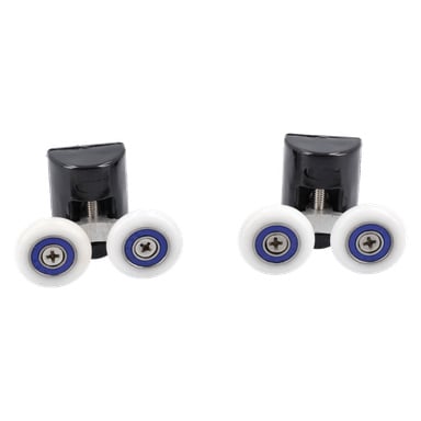 Double Wheel Top med Lug 2-P viser to svarte plastbraketter, hver med to hvite hjul med blå sentre og metallskruer.