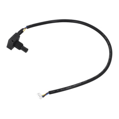 Potentiometer F. 011485 har en svart kabel med en liten rektangulär sensor och en vit 3-polig kontakt som exponerar färgade ledningar.