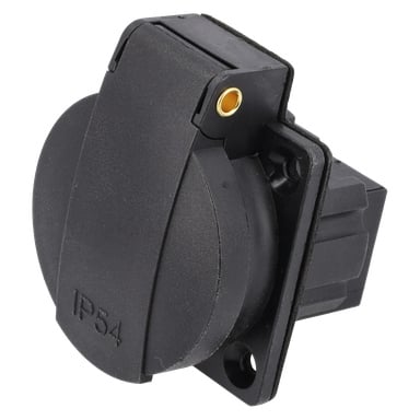 Strömuttag F. 014123, svart och runt med ett gångjärnsförsedd lock märkt IP54, lämpligt för utomhus- eller industriella elanslutningar.