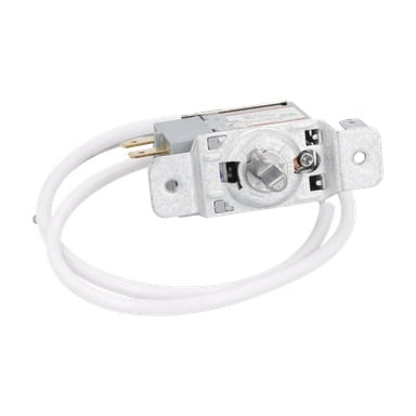 Termostat F. 022595 med rattkontroll, två monteringshål, exponerade terminaler i ena änden och en virrad vit ledning.