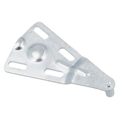 Ett platt stålfäste i metalliskt silver, med en upphöjd rund bula, förlängda spår och en liten cylindrisk knopp i ena änden.