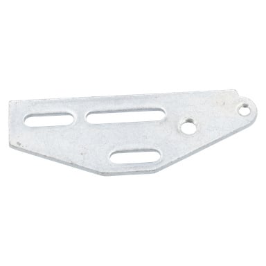 Gångjärn F. 022595 är ett platt metallfäste med tre långa spår, två runda hål (ett nära ett hörn), vinklade kanter och subtil textur.