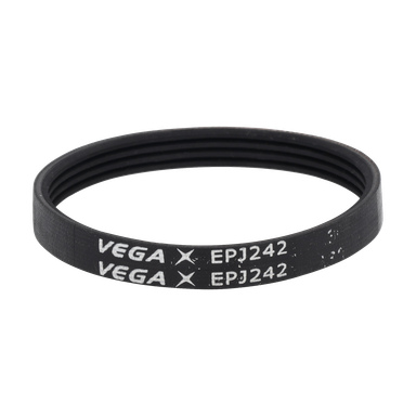 En svart gummirem för EPJ242 är slingrad i en cirkel, visar "VEGA EPJ242" två gånger och har flera spår inuti.