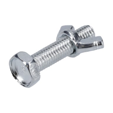 Screw & Nut F. Stay 008807 inkluderar en blank silverfärgad sexkantbult med en vingmutter delvis gängad på axeln.