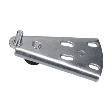 Gångjärn Nedre F. 016408 metallfäste med cylindrisk stift, flera ovala hål och en cirkulär inbukt för montering eller justering.