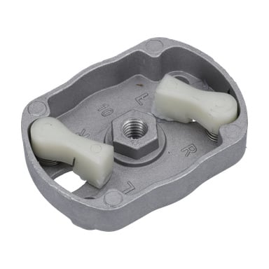 Närbild av startplatta Cpl F. 000841, ett metalllock för kopplingsdosor med två vita klämmor märkta L och R samt ett gängat mitthål.