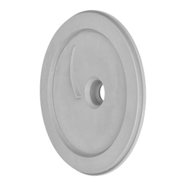 Diffusorplatta F. 015273: rund, platt metallbit med ett mitthål och en subtil böjd spår, vinklad för att visa tjockleken.
