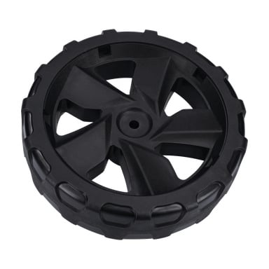 Back Wheel F. 010026 on musta muovinen pyörä, jossa on viisi viistoa kulmaa ja jyrkkä, syvällä kuljetettu reuna, jota katsoo ylhäältä.