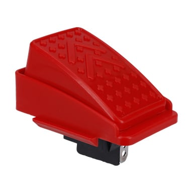 Röd plastfotpedalbrytare, modell F. 023483, har en texturerad halkfri topp och svart bas för elektrisk styrning.