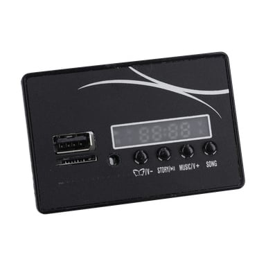 Audio Player F. 023480: en svart rektangel med digital skärm, två USB-portar, fyra runda knappar och en vit böjd linje ovanpå.
