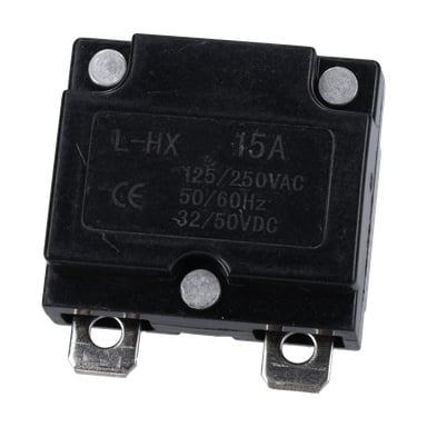 Svart rektangulär 15-ampere säkring, metallterminaler, tre skruvar, märkta L-HX 15A 125/250VAC 50/60Hz 32/50VDC.