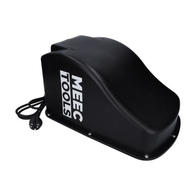 Ett svart, böjt plastlock märkt "MEEC TOOLS" är fäst på Motor Cpl F. 024341, med en strömkabel och ett uttag som sträcker sig ut.