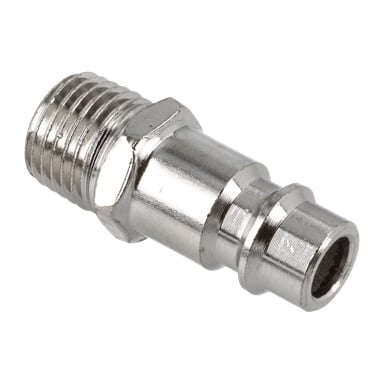 Närbild av Coupling Straight F. 022955, en blank metallpneumatisk koppling med gängad vänster ände och räfflad kontakt på höger sida.