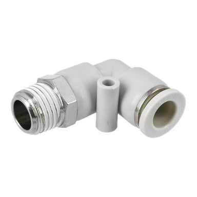 Bågskoppling F. 022955, en metall- och plastkoppling i rät vinkel med en gängad hane och en tryckknapp för pneumatik.