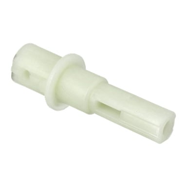 En genomskinlig vit plastcylindrisk pinne märkt Drive F. Brush Axle F. 022198, med en central fläns och slitsade sidor.