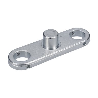 Silverfärgad metallfäste, hjulhållare Dolly F. 022277, har två runda hål i varje ände och en central cylindrisk tapp med en slät yta.