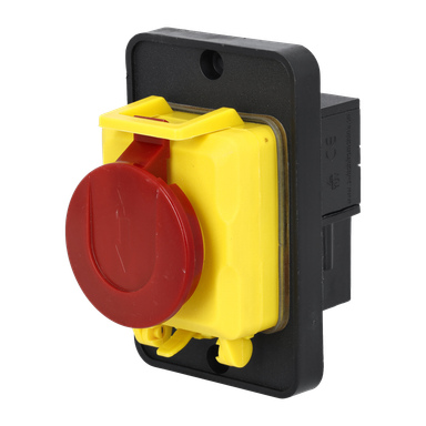 Närbild på Power Switch Dust Coll 023484 med en röd nödstoppknapp, gult lock och svart rektangulär bas.