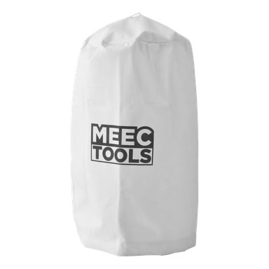 Valkoinen sylinterimäinen suodatinpussien imu, jossa on tasainen pohja, kangasta tai synteettistä materiaalia, MEEC TOOLS -logo mustalla edessä.