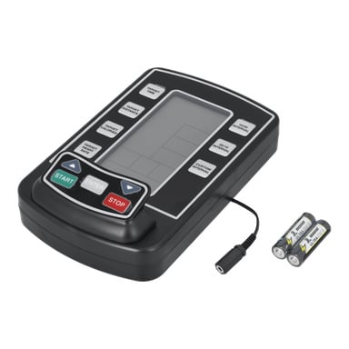 Rektangulär dator F. Airbike 022383 med en stor skärm, knappar för START, ENTER, STOP, en kabel ansluten och två AA-batterier i närheten.