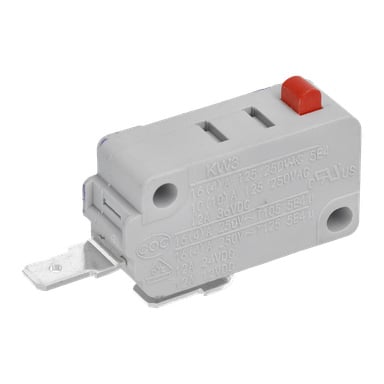 Närbild på Power Switch Snowblower 009531: grå mikrobrytare, röd toppknapp, metallterminaler, tekniska specifikationer ingraverade på sidan.
