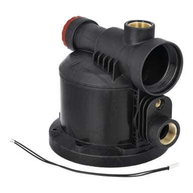 Pumphuset Cpl F. 015259 är en svart elektrisk vattenpump med gängade portar, röd justeringsratt och två exponerade ledningar.