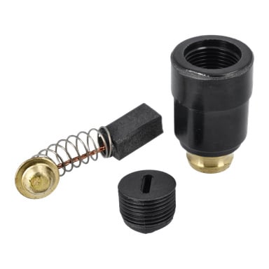 Demonterade koldelar: en svart cylinder, metallfjäder med mässing och grafit, och en spårad svart plastlock.