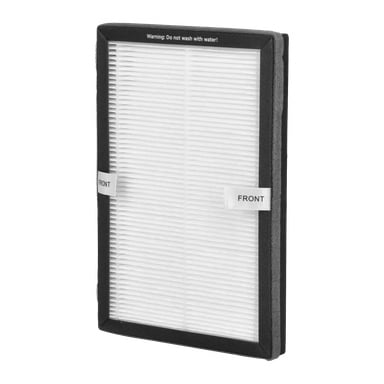 HEPA Filter Column Fan har ett rektangulärt vitt filter med svart ram, FRONTFLIKAR, varning upptill och räfflad yta.