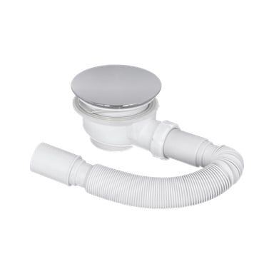 Den nedre ventilduschkabinen med takdusch har en vit plastavloppslås, flexibelt utloppsrör och ett runt kromlock.