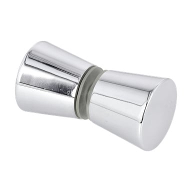 Metalliskt, timglasformat duschhandtag med blank kromfinish, två koniska ändar och en central sammanfogningsring för grepp.