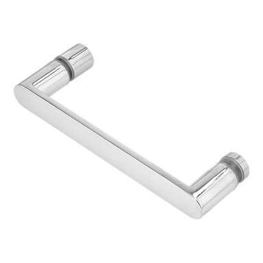 Ett silverfärgat duschkabinhandtag i metall med rektangulär form och rundade kanter, designat för dörrar, skåp eller lådor.