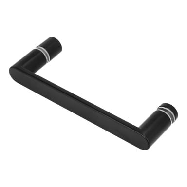 Handtaget svarta duschkabin har en svart rektangulär form med rundade ändar och två silverband nära varje ände.