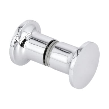 En närbild av Handles duschkabin framhäver en glänsande, silverfärgad cylindrisk propp med platta runda ändar.