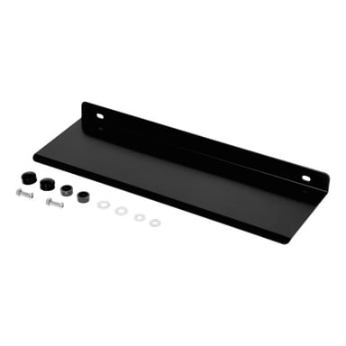 Shelf Black Shower har ett svart metallfäste med två hål i varje ände, synligt med prydligt arrangerade skruvar, brickor, muttrar och lock.