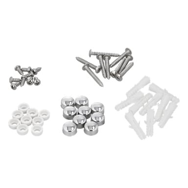 Skruvset F. 024306/024302 med silverskruvar, vita väggankare, metalllock och vita brickor prydligt samlade tillsammans.