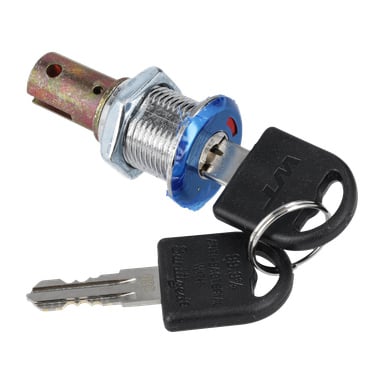 Närbild av Lock Cpl W Keys 016455, med en metallcylinder med blå packning och två svarta plastnycklar, varav en är insatt.
