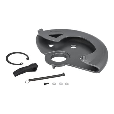 Blade Guard Set Circular Saw har ett grått metalllock med hål, en svart fjäder, hävstång, låsring, brickor och en skruv.