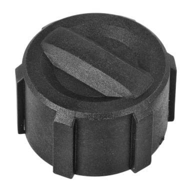Oil Filler Cap Motorsåg 025258 är en svart plastlock med en bred spårad spår på toppen och vertikala åsar längs sidorna.