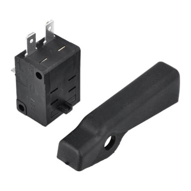 Power Switch On/Off F. 025258, en svart strömbrytare med tre metallstift, visas bredvid en separat svart plastspak.