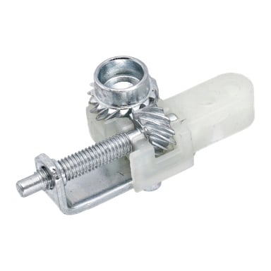 Detaljerad vy av Chain Tensioner Ch.Saw 025258 med gängad stång, spiralkugghjul och vitt plasthölje för justering.