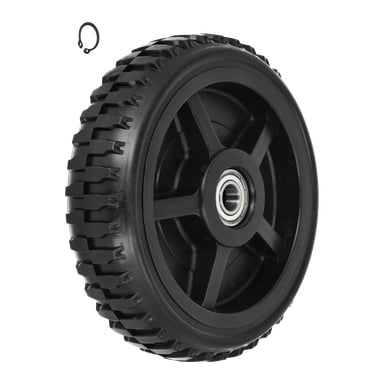 Back Wheel Jack 023750 har ett svart plasthjul med djupa mönster och ett synligt kullagermitt. En liten låsring sitter uppe till vänster.