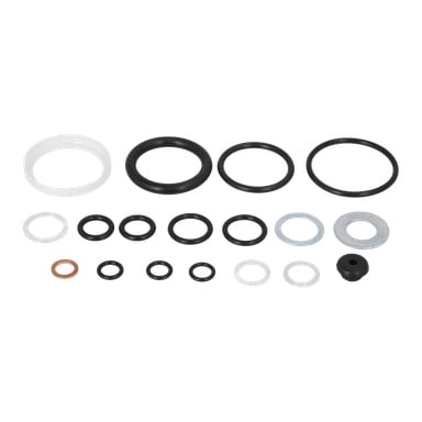 Packningsset Jack 023750 inkluderar olika svarta gummi-, vit plast- och metall-O-ringar och brickor arrangerade i tre rader.